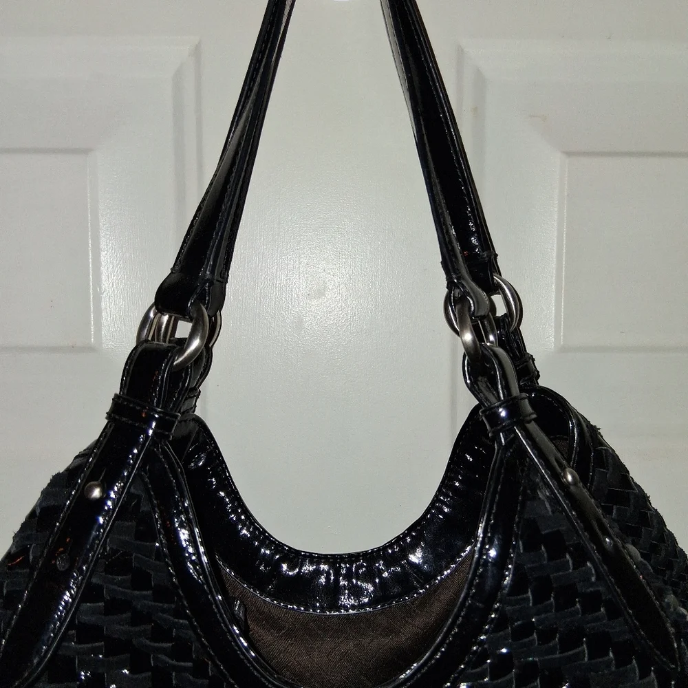 Cole Haan Black Woven Patent Shoulder Tote - Picture 2 of 16